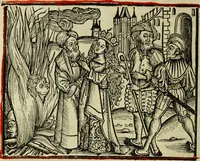 An illustration from Hec est noua queda[m] singular[is] at[que] rara legenda ed alijs sex lege[n]dis collecta et perfecta tractans de origine, et vite, ordine, de conuersione, ac magistrali disputatione, ast de passione, morte, [&] miraculis generose regine, necnon gloriose virginis et martiris sancte Katherine, ciuis quo[que] olim erat vrbis Alexandrine (1500)