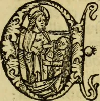 An illustration from Hec est noua queda[m] singular[is] at[que] rara legenda ed alijs sex lege[n]dis collecta et perfecta tractans de origine, et vite, ordine, de conuersione, ac magistrali disputatione, ast de passione, morte, [&] miraculis generose regine, necnon gloriose virginis et martiris sancte Katherine, ciuis quo[que] olim erat vrbis Alexandrine (1500)