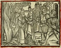 An illustration from Hec est noua queda[m] singular[is] at[que] rara legenda ed alijs sex lege[n]dis collecta et perfecta tractans de origine, et vite, ordine, de conuersione, ac magistrali disputatione, ast de passione, morte, [&] miraculis generose regine, necnon gloriose virginis et martiris sancte Katherine, ciuis quo[que] olim erat vrbis Alexandrine (1500)