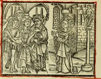An illustration from Hec est noua queda[m] singular[is] at[que] rara legenda ed alijs sex lege[n]dis collecta et perfecta tractans de origine, et vite, ordine, de conuersione, ac magistrali disputatione, ast de passione, morte, [&] miraculis generose regine, necnon gloriose virginis et martiris sancte Katherine, ciuis quo[que] olim erat vrbis Alexandrine (1500)