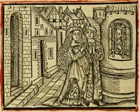 An illustration from Hec est noua queda[m] singular[is] at[que] rara legenda ed alijs sex lege[n]dis collecta et perfecta tractans de origine, et vite, ordine, de conuersione, ac magistrali disputatione, ast de passione, morte, [&] miraculis generose regine, necnon gloriose virginis et martiris sancte Katherine, ciuis quo[que] olim erat vrbis Alexandrine (1500)