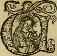 An illustration from Hec est noua queda[m] singular[is] at[que] rara legenda ed alijs sex lege[n]dis collecta et perfecta tractans de origine, et vite, ordine, de conuersione, ac magistrali disputatione, ast de passione, morte, [&] miraculis generose regine, necnon gloriose virginis et martiris sancte Katherine, ciuis quo[que] olim erat vrbis Alexandrine (1500)