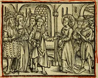 An illustration from Hec est noua queda[m] singular[is] at[que] rara legenda ed alijs sex lege[n]dis collecta et perfecta tractans de origine, et vite, ordine, de conuersione, ac magistrali disputatione, ast de passione, morte, [&] miraculis generose regine, necnon gloriose virginis et martiris sancte Katherine, ciuis quo[que] olim erat vrbis Alexandrine (1500)