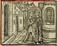 An illustration from Hec est noua queda[m] singular[is] at[que] rara legenda ed alijs sex lege[n]dis collecta et perfecta tractans de origine, et vite, ordine, de conuersione, ac magistrali disputatione, ast de passione, morte, [&] miraculis generose regine, necnon gloriose virginis et martiris sancte Katherine, ciuis quo[que] olim erat vrbis Alexandrine (1500)