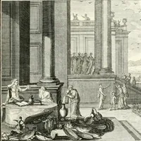 An illustration from Heilige Augen- und Gemüths-Lust : vorstellend, alle sonn- fest- und feyrtägliche nicht nur Evangelien, sondern auch Epistelen und Lectionen, jene historisch : diese auch emblemmatisch, und mit curieusen Einfassungen : in vielen Kupffer-Stücken von frembder und gantz neuer Invention : so wohl zur Kunst-Ubung als Unterhaltung Gottseeliger Betrachtungen, wie auch Vermehrung der Kupffer-Bibelen und Ausszierung aller christlichen Postillen dienlich (1706)