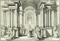 An illustration from Heilige Augen- und Gemüths-Lust : vorstellend, alle sonn- fest- und feyrtägliche nicht nur Evangelien, sondern auch Epistelen und Lectionen, jene historisch : diese auch emblemmatisch, und mit curieusen Einfassungen : in vielen Kupffer-Stücken von frembder und gantz neuer Invention : so wohl zur Kunst-Ubung als Unterhaltung Gottseeliger Betrachtungen, wie auch Vermehrung der Kupffer-Bibelen und Ausszierung aller christlichen Postillen dienlich (1706)
