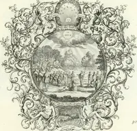 An illustration from Heilige Augen- und Gemüths-Lust : vorstellend, alle sonn- fest- und feyrtägliche nicht nur Evangelien, sondern auch Epistelen und Lectionen, jene historisch : diese auch emblemmatisch, und mit curieusen Einfassungen : in vielen Kupffer-Stücken von frembder und gantz neuer Invention : so wohl zur Kunst-Ubung als Unterhaltung Gottseeliger Betrachtungen, wie auch Vermehrung der Kupffer-Bibelen und Ausszierung aller christlichen Postillen dienlich (1706)