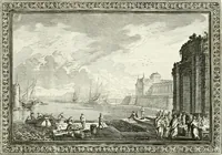 An illustration from Heilige Augen- und Gemüths-Lust : vorstellend, alle sonn- fest- und feyrtägliche nicht nur Evangelien, sondern auch Epistelen und Lectionen, jene historisch : diese auch emblemmatisch, und mit curieusen Einfassungen : in vielen Kupffer-Stücken von frembder und gantz neuer Invention : so wohl zur Kunst-Ubung als Unterhaltung Gottseeliger Betrachtungen, wie auch Vermehrung der Kupffer-Bibelen und Ausszierung aller christlichen Postillen dienlich (1706)