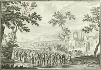 An illustration from Heilige Augen- und Gemüths-Lust : vorstellend, alle sonn- fest- und feyrtägliche nicht nur Evangelien, sondern auch Epistelen und Lectionen, jene historisch : diese auch emblemmatisch, und mit curieusen Einfassungen : in vielen Kupffer-Stücken von frembder und gantz neuer Invention : so wohl zur Kunst-Ubung als Unterhaltung Gottseeliger Betrachtungen, wie auch Vermehrung der Kupffer-Bibelen und Ausszierung aller christlichen Postillen dienlich (1706)