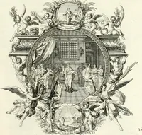 An illustration from Heilige Augen- und Gemüths-Lust : vorstellend, alle sonn- fest- und feyrtägliche nicht nur Evangelien, sondern auch Epistelen und Lectionen, jene historisch : diese auch emblemmatisch, und mit curieusen Einfassungen : in vielen Kupffer-Stücken von frembder und gantz neuer Invention : so wohl zur Kunst-Ubung als Unterhaltung Gottseeliger Betrachtungen, wie auch Vermehrung der Kupffer-Bibelen und Ausszierung aller christlichen Postillen dienlich (1706)