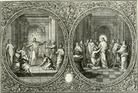 An illustration from Heilige Augen- und Gemüths-Lust : vorstellend, alle sonn- fest- und feyrtägliche nicht nur Evangelien, sondern auch Epistelen und Lectionen, jene historisch : diese auch emblemmatisch, und mit curieusen Einfassungen : in vielen Kupffer-Stücken von frembder und gantz neuer Invention : so wohl zur Kunst-Ubung als Unterhaltung Gottseeliger Betrachtungen, wie auch Vermehrung der Kupffer-Bibelen und Ausszierung aller christlichen Postillen dienlich (1706)