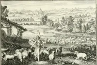 An illustration from Heilige Augen- und Gemüths-Lust : vorstellend, alle sonn- fest- und feyrtägliche nicht nur Evangelien, sondern auch Epistelen und Lectionen, jene historisch : diese auch emblemmatisch, und mit curieusen Einfassungen : in vielen Kupffer-Stücken von frembder und gantz neuer Invention : so wohl zur Kunst-Ubung als Unterhaltung Gottseeliger Betrachtungen, wie auch Vermehrung der Kupffer-Bibelen und Ausszierung aller christlichen Postillen dienlich (1706)