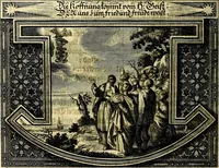 An illustration from Heilig-epistolischer Bericht, Licht, Geleit, und Freud. Das ist : Emblematische Fürstllung der heiligen Sonn- und festtäglichen Episteln; in welcher gründlicher Bericht von den rechten Wort-Verstand ertheilet, dem wahren Christenthum ein helles licht furgetragen, und ein sicheres Geleit mit beigefügten Gebeten und Gesängen zu der himmlischen Freude gezeiget wird (1663)