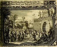 An illustration from Heilig-epistolischer Bericht, Licht, Geleit, und Freud. Das ist : Emblematische Fürstllung der heiligen Sonn- und festtäglichen Episteln; in welcher gründlicher Bericht von den rechten Wort-Verstand ertheilet, dem wahren Christenthum ein helles licht furgetragen, und ein sicheres Geleit mit beigefügten Gebeten und Gesängen zu der himmlischen Freude gezeiget wird (1663)