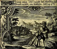An illustration from Heilig-epistolischer Bericht, Licht, Geleit, und Freud. Das ist : Emblematische Fürstllung der heiligen Sonn- und festtäglichen Episteln; in welcher gründlicher Bericht von den rechten Wort-Verstand ertheilet, dem wahren Christenthum ein helles licht furgetragen, und ein sicheres Geleit mit beigefügten Gebeten und Gesängen zu der himmlischen Freude gezeiget wird (1663)