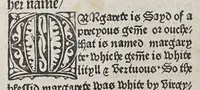 An illustration from Here begynneth the legende named in Latyn Legenda aurea, : that is to say in Englysshe the Golden legende : for lyke as passeth golde in valewe al other metallys, soo thys legende excedeth all other bokes