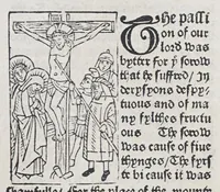 An illustration from Here begynneth the legende named in Latyn Legenda aurea, : that is to say in Englysshe the Golden legende : for lyke as passeth golde in valewe al other metallys, soo thys legende excedeth all other bokes
