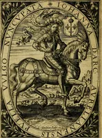 An illustration from Heroinæ nobilissimæ Ioannæ Darc Lotharingæ : vvlgo avrelianensis pvelleæ historia, ex variis grauissimæ atque incorruptissimæ fidei scriptoribus excerpta. Eiusdem mauortice Virginis Innocentia a calumniis vaindicata (1612)