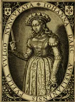 An illustration from Heroinæ nobilissimæ Ioannæ Darc Lotharingæ : vvlgo avrelianensis pvelleæ historia, ex variis grauissimæ atque incorruptissimæ fidei scriptoribus excerpta. Eiusdem mauortice Virginis Innocentia a calumniis vaindicata (1612)