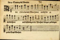 An illustration from Herrn J.M. Dilherrns Predigers bey S. Sebald Evangelischer Schlussreimen der Predigen : so er im Jahr 1649[-1651] gehalten, mit dreyen singenden Stimmen, zweyen Discanten, einem Bass mit Numeris und Signis gezeichnet zu einem Positiv, Regal, Spinet, Clavicymbel oder Theorb (1652)