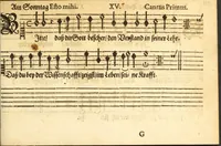 An illustration from Herrn J.M. Dilherrns Predigers bey S. Sebald Evangelischer Schlussreimen der Predigen : so er im Jahr 1649[-1651] gehalten, mit dreyen singenden Stimmen, zweyen Discanten, einem Bass mit Numeris und Signis gezeichnet zu einem Positiv, Regal, Spinet, Clavicymbel oder Theorb (1652)