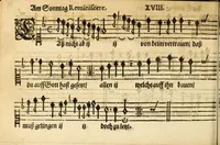 An illustration from Herrn J.M. Dilherrns Predigers bey S. Sebald Evangelischer Schlussreimen der Predigen : so er im Jahr 1649[-1651] gehalten, mit dreyen singenden Stimmen, zweyen Discanten, einem Bass mit Numeris und Signis gezeichnet zu einem Positiv, Regal, Spinet, Clavicymbel oder Theorb (1652)