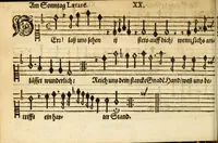 An illustration from Herrn J.M. Dilherrns Predigers bey S. Sebald Evangelischer Schlussreimen der Predigen : so er im Jahr 1649[-1651] gehalten, mit dreyen singenden Stimmen, zweyen Discanten, einem Bass mit Numeris und Signis gezeichnet zu einem Positiv, Regal, Spinet, Clavicymbel oder Theorb (1652)