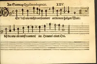 An illustration from Herrn J.M. Dilherrns Predigers bey S. Sebald Evangelischer Schlussreimen der Predigen : so er im Jahr 1649[-1651] gehalten, mit dreyen singenden Stimmen, zweyen Discanten, einem Bass mit Numeris und Signis gezeichnet zu einem Positiv, Regal, Spinet, Clavicymbel oder Theorb (1652)