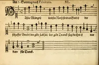 Picture 19 of 32 from Herrn J.M. Dilherrns Predigers bey S. Sebald Evangelischer Schlussreimen der Predigen : so er im Jahr 1649[-1651] gehalten, mit dreyen singenden Stimmen, zweyen Discanten, einem Bass mit Numeris und Signis gezeichnet zu einem Positiv, Regal, Spinet, Clavicymbel oder Theorb (1652), leaf 142