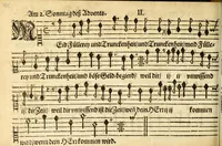 An illustration from Herrn J.M. Dilherrns Predigers bey S. Sebald Evangelischer Schlussreimen der Predigen : so er im Jahr 1649[-1651] gehalten, mit dreyen singenden Stimmen, zweyen Discanten, einem Bass mit Numeris und Signis gezeichnet zu einem Positiv, Regal, Spinet, Clavicymbel oder Theorb (1652)