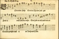 An illustration from Herrn J.M. Dilherrns Predigers bey S. Sebald Evangelischer Schlussreimen der Predigen : so er im Jahr 1649[-1651] gehalten, mit dreyen singenden Stimmen, zweyen Discanten, einem Bass mit Numeris und Signis gezeichnet zu einem Positiv, Regal, Spinet, Clavicymbel oder Theorb (1652)