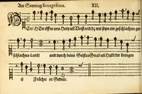 An illustration from Herrn J.M. Dilherrns Predigers bey S. Sebald Evangelischer Schlussreimen der Predigen : so er im Jahr 1649[-1651] gehalten, mit dreyen singenden Stimmen, zweyen Discanten, einem Bass mit Numeris und Signis gezeichnet zu einem Positiv, Regal, Spinet, Clavicymbel oder Theorb (1652)