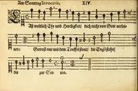 An illustration from Herrn J.M. Dilherrns Predigers bey S. Sebald Evangelischer Schlussreimen der Predigen : so er im Jahr 1649[-1651] gehalten, mit dreyen singenden Stimmen, zweyen Discanten, einem Bass mit Numeris und Signis gezeichnet zu einem Positiv, Regal, Spinet, Clavicymbel oder Theorb (1652)