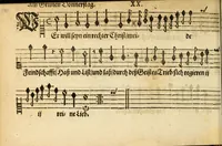 An illustration from Herrn J.M. Dilherrns Predigers bey S. Sebald Evangelischer Schlussreimen der Predigen : so er im Jahr 1649[-1651] gehalten, mit dreyen singenden Stimmen, zweyen Discanten, einem Bass mit Numeris und Signis gezeichnet zu einem Positiv, Regal, Spinet, Clavicymbel oder Theorb (1652)