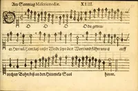 An illustration from Herrn J.M. Dilherrns Predigers bey S. Sebald Evangelischer Schlussreimen der Predigen : so er im Jahr 1649[-1651] gehalten, mit dreyen singenden Stimmen, zweyen Discanten, einem Bass mit Numeris und Signis gezeichnet zu einem Positiv, Regal, Spinet, Clavicymbel oder Theorb (1652)
