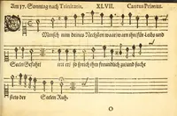An illustration from Herrn J.M. Dilherrns Predigers bey S. Sebald Evangelischer Schlussreimen der Predigen : so er im Jahr 1649[-1651] gehalten, mit dreyen singenden Stimmen, zweyen Discanten, einem Bass mit Numeris und Signis gezeichnet zu einem Positiv, Regal, Spinet, Clavicymbel oder Theorb (1652)