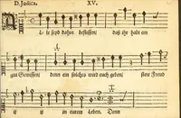 An illustration from Herrn J.M. Dilherrns Predigers bey S. Sebald Evangelischer Schlussreimen der Predigen : so er im Jahr 1649[-1651] gehalten, mit dreyen singenden Stimmen, zweyen Discanten, einem Bass mit Numeris und Signis gezeichnet zu einem Positiv, Regal, Spinet, Clavicymbel oder Theorb (1652)