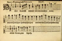 Picture 7 of 32 from Herrn J.M. Dilherrns Predigers bey S. Sebald Evangelischer Schlussreimen der Predigen : so er im Jahr 1649[-1651] gehalten, mit dreyen singenden Stimmen, zweyen Discanten, einem Bass mit Numeris und Signis gezeichnet zu einem Positiv, Regal, Spinet, Clavicymbel oder Theorb (1652), leaf 74