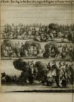 An illustration from Het ontroerde Nederlandt, door de wapenen des konings van Vrankryk : dat is een waarchtigh verhaal van den Fransen, Engelsen, Keulsen, en Munstersen oorlogh, tegen de Vereenigde Nederlanden, met desselfs binnelandtse beroerten ... (1674)