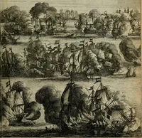 An illustration from Het ontroerde Nederlandt, door de wapenen des konings van Vrankryk : dat is een waarchtigh verhaal van den Fransen, Engelsen, Keulsen, en Munstersen oorlogh, tegen de Vereenigde Nederlanden, met desselfs binnelandtse beroerten ... (1674)