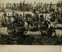 An illustration from Het ontroerde Nederlandt, door de wapenen des konings van Vrankryk : dat is een waarchtigh verhaal van den Fransen, Engelsen, Keulsen, en Munstersen oorlogh, tegen de Vereenigde Nederlanden, met desselfs binnelandtse beroerten ... (1674)