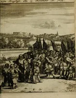 An illustration from Het ontroerde Nederlandt, door de wapenen des konings van Vrankryk : dat is een waarchtigh verhaal van den Fransen, Engelsen, Keulsen, en Munstersen oorlogh, tegen de Vereenigde Nederlanden, met desselfs binnelandtse beroerten ... (1674)