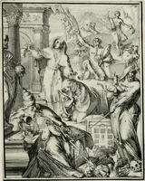 An illustration from Hieroglyphica, of, Merkbeelden der oude volkeren : namentlyk Egyptenaren, Chaldeeuwen, Feniciers, Joden, Grieken, Romeynen, enz. : nevens een omstandig bericht van het verval en voortkruypende verbastering der godsdiensten door verscheyde eeuwen : en eyndelyk de hervorming, tot op deze tyden toe vervolgt : In LXIII. hoofdstukken, en zoo veele kopere print-blaaden (1735)