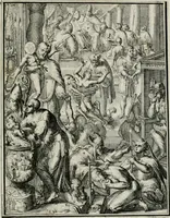 An illustration from Hieroglyphica, of, Merkbeelden der oude volkeren : namentlyk Egyptenaren, Chaldeeuwen, Feniciers, Joden, Grieken, Romeynen, enz. : nevens een omstandig bericht van het verval en voortkruypende verbastering der godsdiensten door verscheyde eeuwen : en eyndelyk de hervorming, tot op deze tyden toe vervolgt : In LXIII. hoofdstukken, en zoo veele kopere print-blaaden (1735)