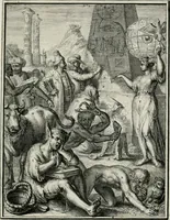 An illustration from Hieroglyphica, of, Merkbeelden der oude volkeren : namentlyk Egyptenaren, Chaldeeuwen, Feniciers, Joden, Grieken, Romeynen, enz. : nevens een omstandig bericht van het verval en voortkruypende verbastering der godsdiensten door verscheyde eeuwen : en eyndelyk de hervorming, tot op deze tyden toe vervolgt : In LXIII. hoofdstukken, en zoo veele kopere print-blaaden (1735)