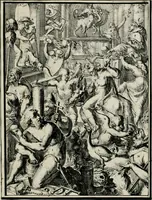 An illustration from Hieroglyphica, of, Merkbeelden der oude volkeren : namentlyk Egyptenaren, Chaldeeuwen, Feniciers, Joden, Grieken, Romeynen, enz. : nevens een omstandig bericht van het verval en voortkruypende verbastering der godsdiensten door verscheyde eeuwen : en eyndelyk de hervorming, tot op deze tyden toe vervolgt : In LXIII. hoofdstukken, en zoo veele kopere print-blaaden (1735)