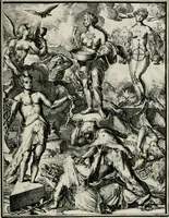 An illustration from Hieroglyphica, of, Merkbeelden der oude volkeren : namentlyk Egyptenaren, Chaldeeuwen, Feniciers, Joden, Grieken, Romeynen, enz. : nevens een omstandig bericht van het verval en voortkruypende verbastering der godsdiensten door verscheyde eeuwen : en eyndelyk de hervorming, tot op deze tyden toe vervolgt : In LXIII. hoofdstukken, en zoo veele kopere print-blaaden (1735)