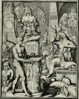 An illustration from Hieroglyphica, of, Merkbeelden der oude volkeren : namentlyk Egyptenaren, Chaldeeuwen, Feniciers, Joden, Grieken, Romeynen, enz. : nevens een omstandig bericht van het verval en voortkruypende verbastering der godsdiensten door verscheyde eeuwen : en eyndelyk de hervorming, tot op deze tyden toe vervolgt : In LXIII. hoofdstukken, en zoo veele kopere print-blaaden (1735)