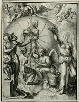 An illustration from Hieroglyphica, of, Merkbeelden der oude volkeren : namentlyk Egyptenaren, Chaldeeuwen, Feniciers, Joden, Grieken, Romeynen, enz. : nevens een omstandig bericht van het verval en voortkruypende verbastering der godsdiensten door verscheyde eeuwen : en eyndelyk de hervorming, tot op deze tyden toe vervolgt : In LXIII. hoofdstukken, en zoo veele kopere print-blaaden (1735)