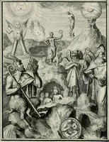 An illustration from Hieroglyphica, of, Merkbeelden der oude volkeren : namentlyk Egyptenaren, Chaldeeuwen, Feniciers, Joden, Grieken, Romeynen, enz. : nevens een omstandig bericht van het verval en voortkruypende verbastering der godsdiensten door verscheyde eeuwen : en eyndelyk de hervorming, tot op deze tyden toe vervolgt : In LXIII. hoofdstukken, en zoo veele kopere print-blaaden (1735)